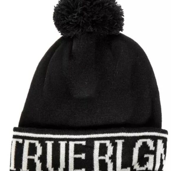 True Religion Block Logo Pom Beanie Hat & Glove Set